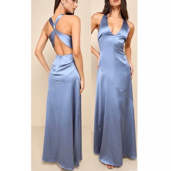Lulus Purely Elegant Slate Blue Satin Twist-Back Maxi Dress Size Large NWOT - Picture 1 of 7